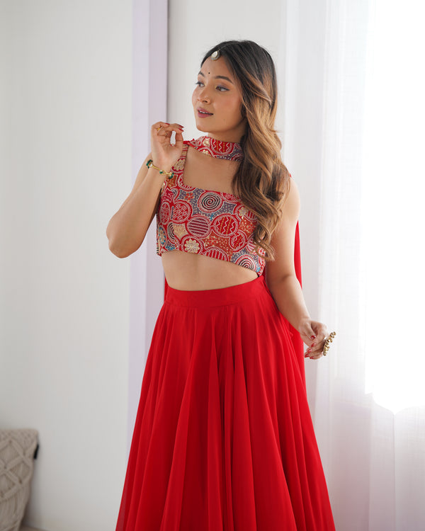 Red Pure Soft Fox Georgette Blooming Lehenga Choli with Fancy Blouse & Dupatta – Fully Stitched, Ready to Wear