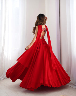 Red Pure Soft Fox Georgette Blooming Lehenga Choli with Fancy Blouse & Dupatta – Fully Stitched, Ready to Wear