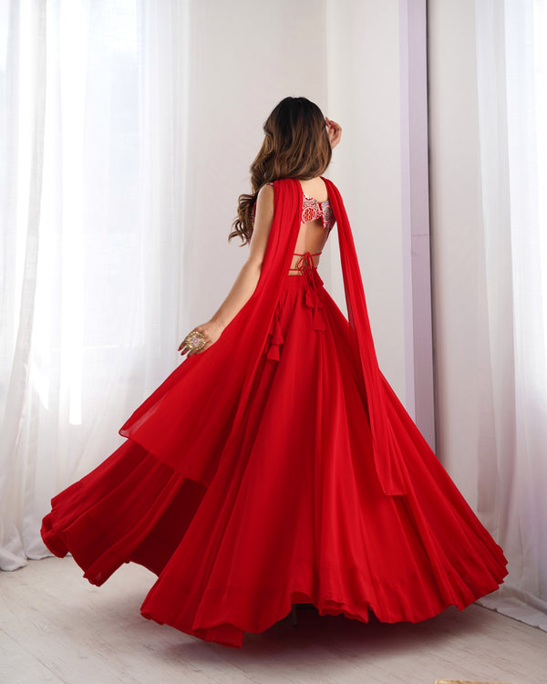 Red Pure Soft Fox Georgette Blooming Lehenga Choli with Fancy Blouse & Dupatta – Fully Stitched, Ready to Wear