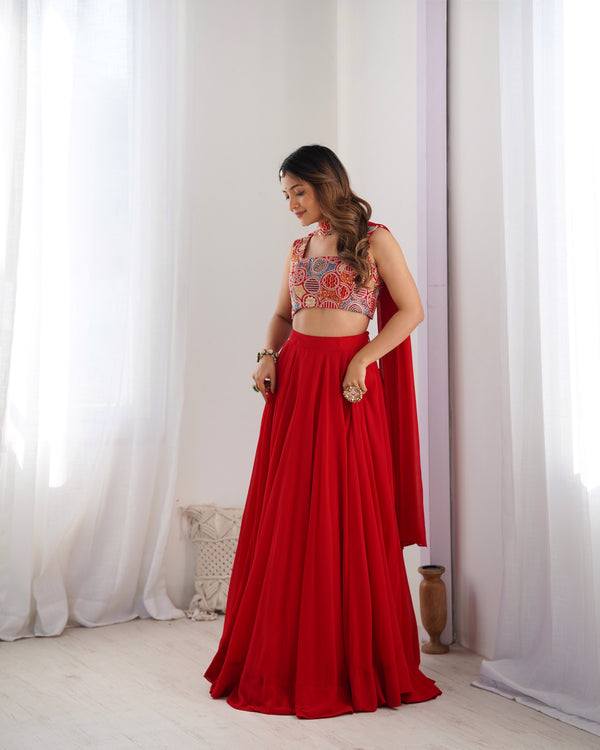 Red Pure Soft Fox Georgette Blooming Lehenga Choli with Fancy Blouse & Dupatta – Fully Stitched, Ready to Wear