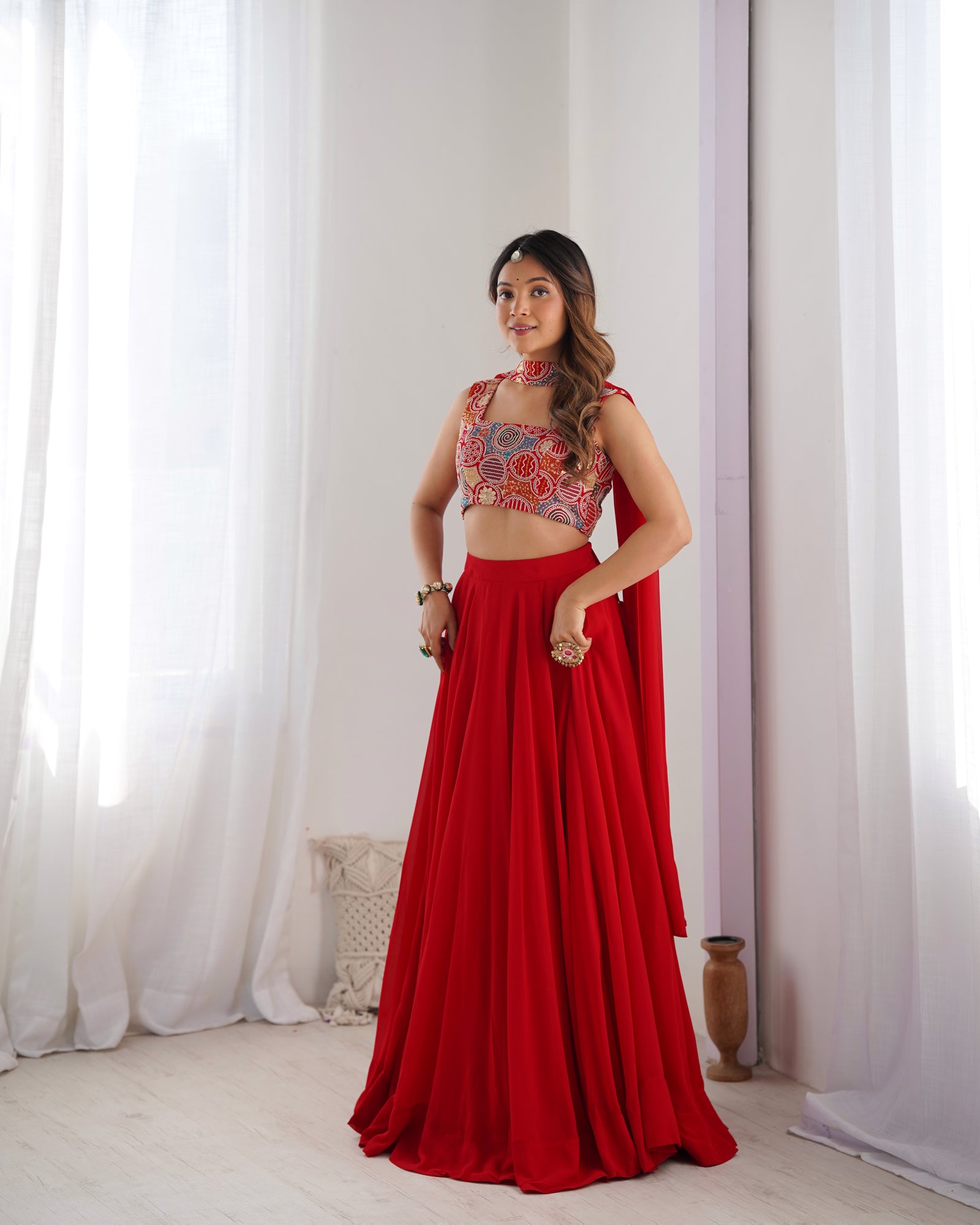 Red Pure Soft Fox Georgette Blooming Lehenga Choli with Fancy Blouse & Dupatta – Fully Stitched, Ready to Wear