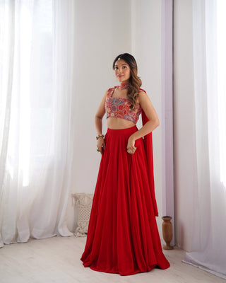 Red Pure Soft Fox Georgette Blooming Lehenga Choli with Fancy Blouse & Dupatta – Fully Stitched, Ready to Wear