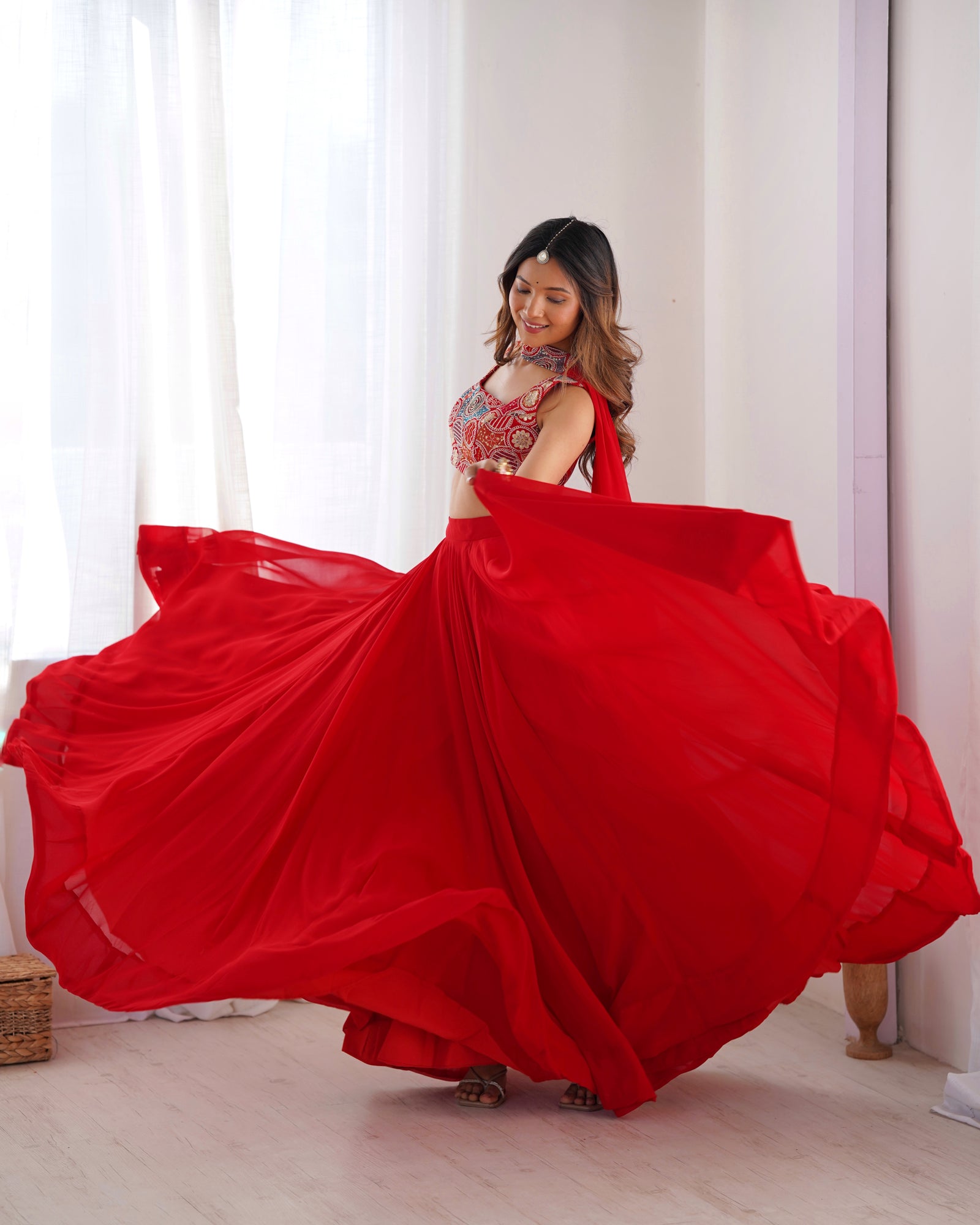 Red Pure Soft Fox Georgette Blooming Lehenga Choli with Fancy Blouse & Dupatta – Fully Stitched, Ready to Wear