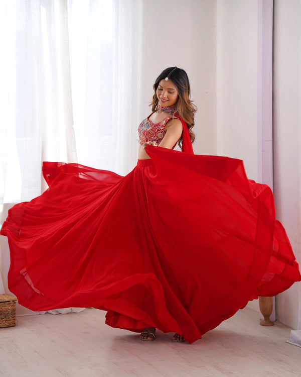 Red Pure Soft Fox Georgette Blooming Lehenga Choli with Fancy Blouse & Dupatta – Fully Stitched, Ready to Wear