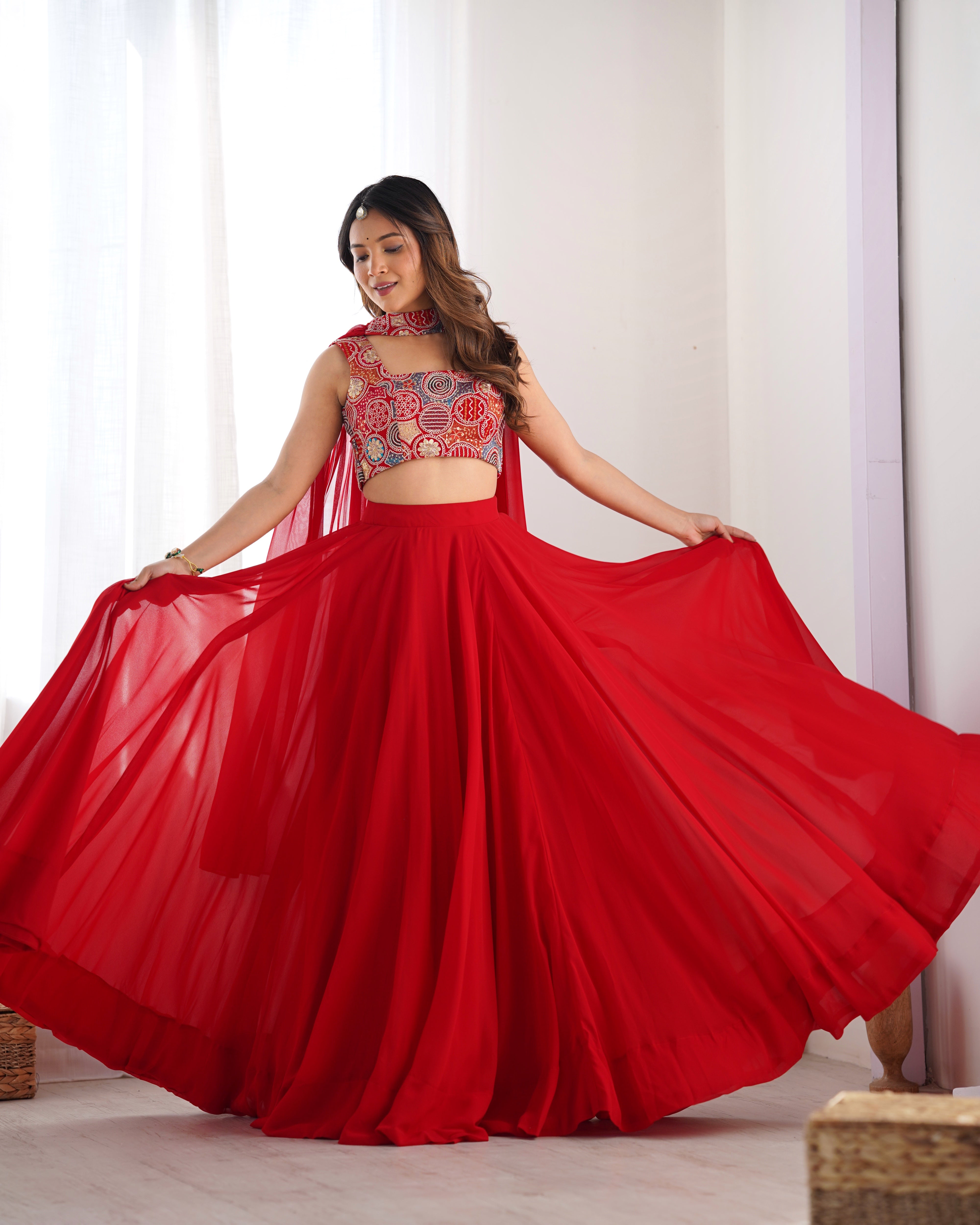Red Pure Soft Fox Georgette Blooming Lehenga Choli with Fancy Blouse & Dupatta – Fully Stitched, Ready to Wear Main image