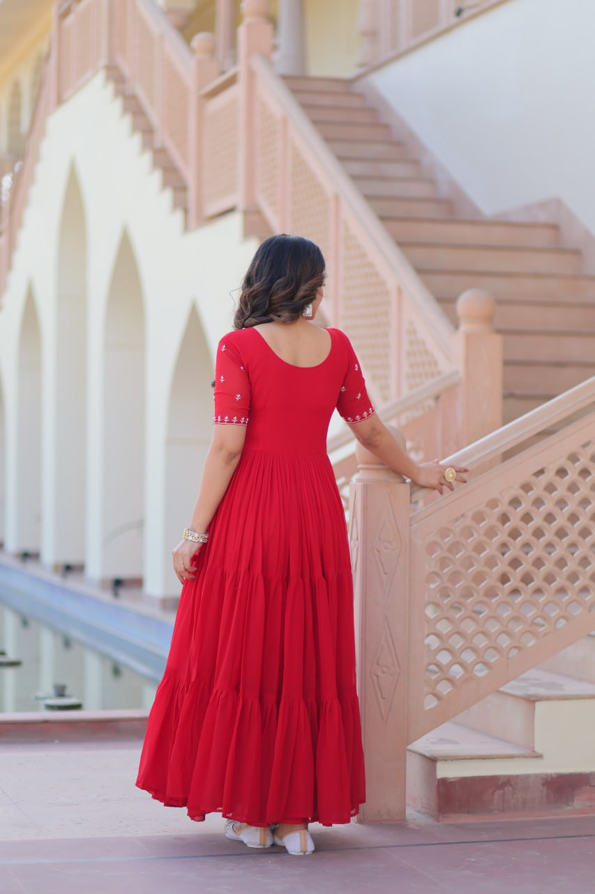 Red Radiant Faux Blooming Gown with Bead Embroidery & 12-Meter Flair – Full Stitched ClothsVilla