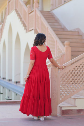 Red Radiant Faux Blooming Gown with Bead Embroidery & 12-Meter Flair – Full Stitched ClothsVilla