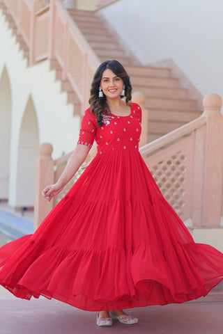 Red Radiant Faux Blooming Gown with Bead Embroidery & 12-Meter Flair – Full Stitched ClothsVilla