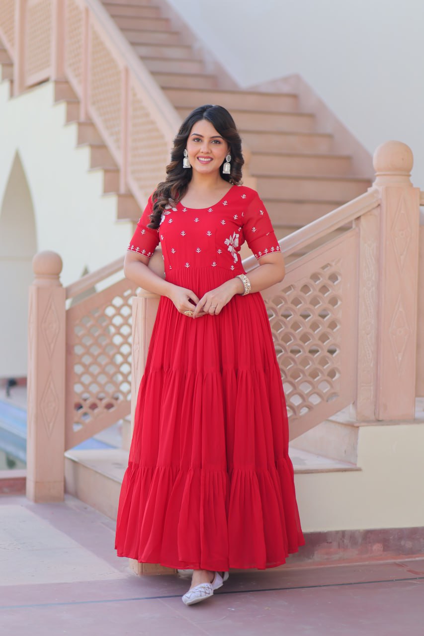 Red Radiant Faux Blooming Gown with Bead Embroidery & 12-Meter Flair – Full Stitched ClothsVilla