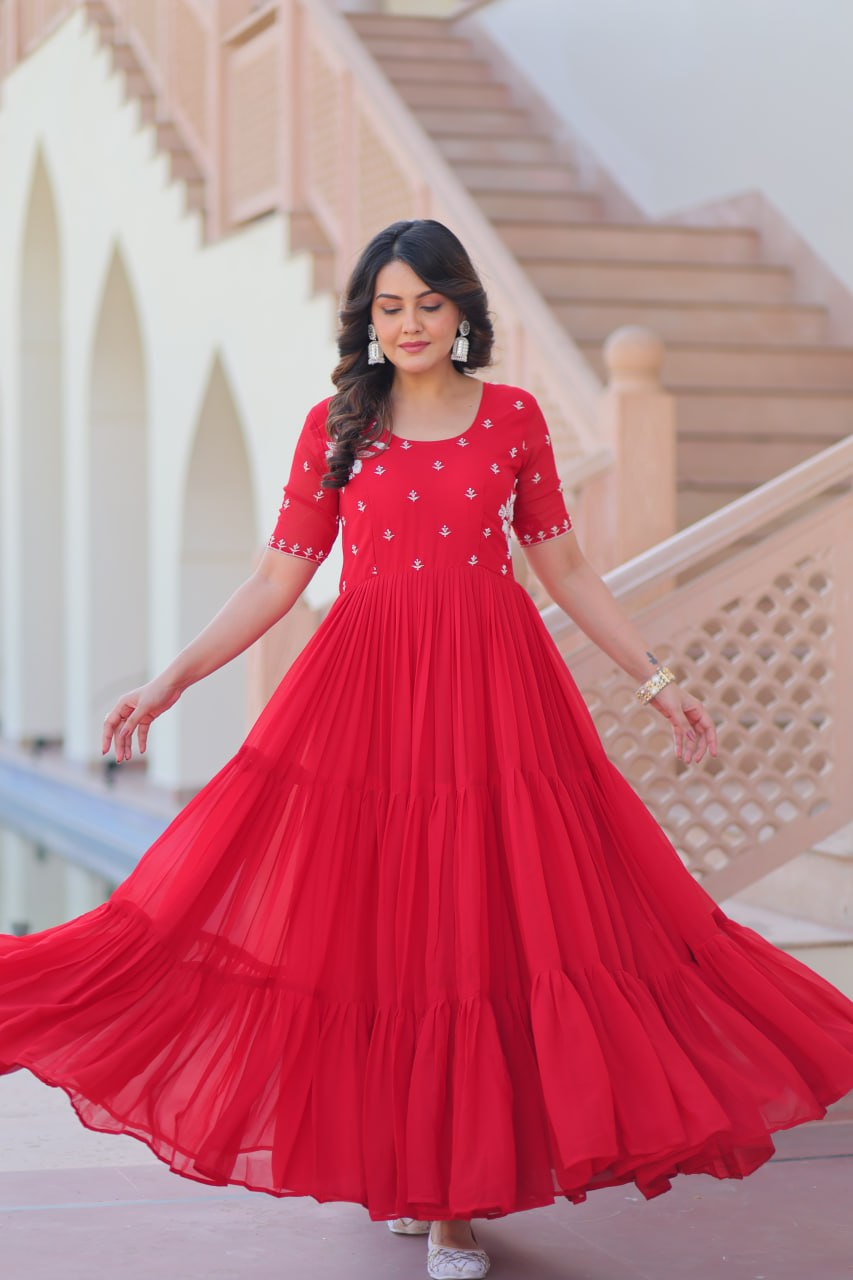 Red Radiant Faux Blooming Gown with Bead Embroidery & 12-Meter Flair – Full Stitched ClothsVilla