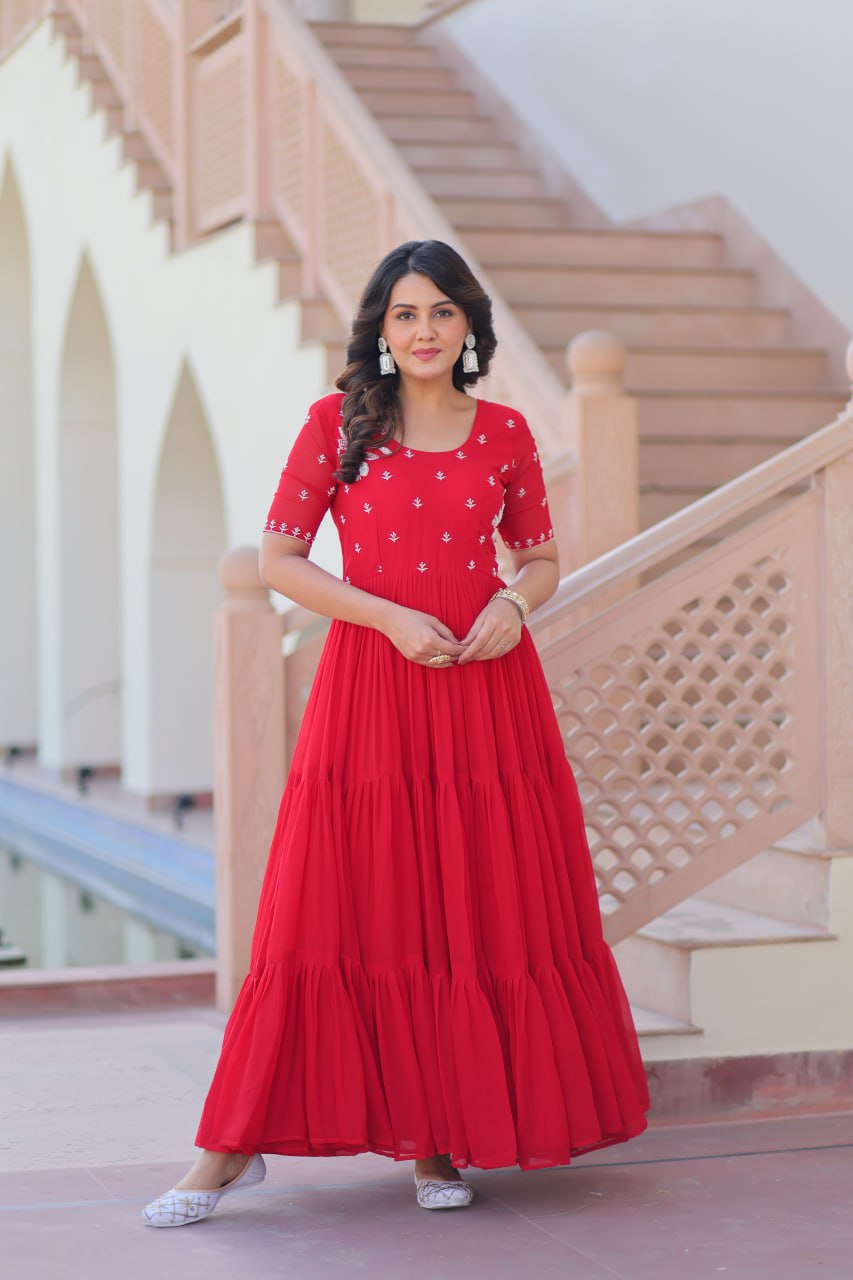 Red Radiant Faux Blooming Gown with Bead Embroidery & 12-Meter Flair – Full Stitched ClothsVilla