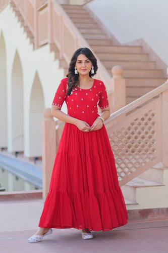 Red Radiant Faux Blooming Gown with Bead Embroidery & 12-Meter Flair – Full Stitched ClothsVilla