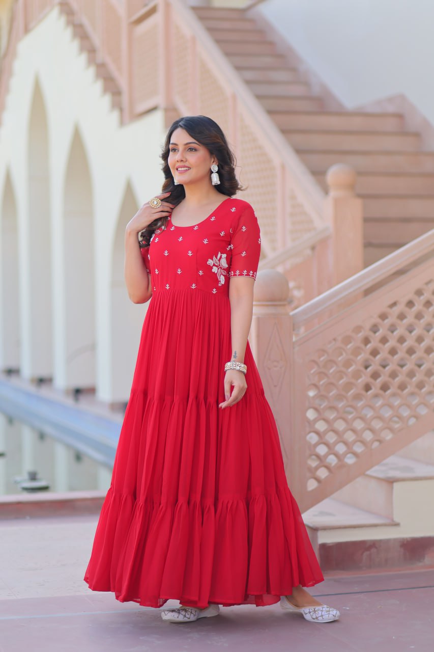 Red Radiant Faux Blooming Gown with Bead Embroidery & 12-Meter Flair – Full Stitched ClothsVilla