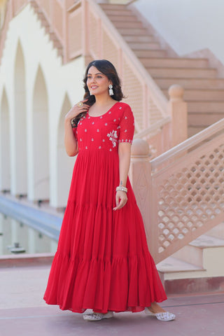 Red Radiant Faux Blooming Gown with Bead Embroidery & 12-Meter Flair – Full Stitched ClothsVilla