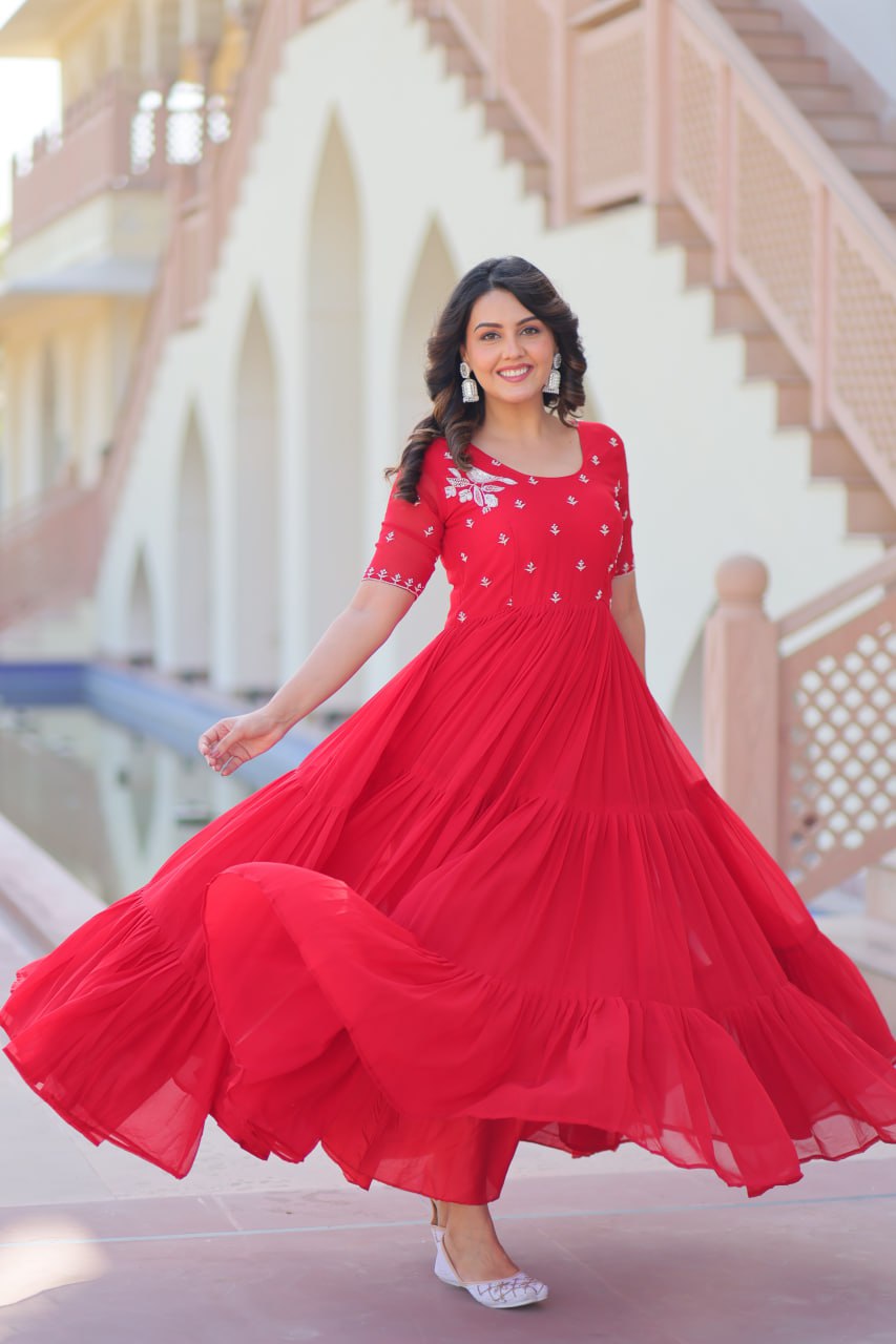 Red Radiant Faux Blooming Gown with Bead Embroidery & 12-Meter Flair – Full Stitched ClothsVilla