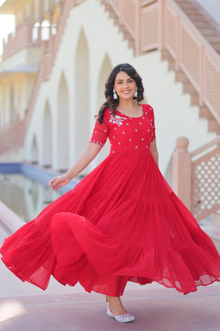 Red Radiant Faux Blooming Gown with Bead Embroidery & 12-Meter Flair – Full Stitched ClothsVilla