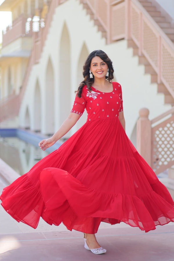 Red Radiant Faux Blooming Gown with Bead Embroidery & 12-Meter Flair – Full Stitched ClothsVilla