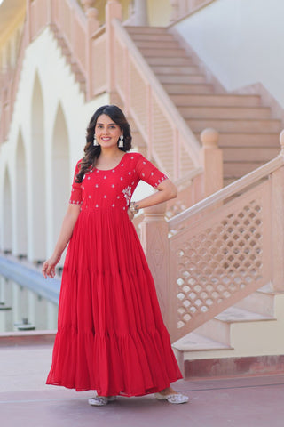 Red Radiant Faux Blooming Gown with Bead Embroidery & 12-Meter Flair – Full Stitched ClothsVilla