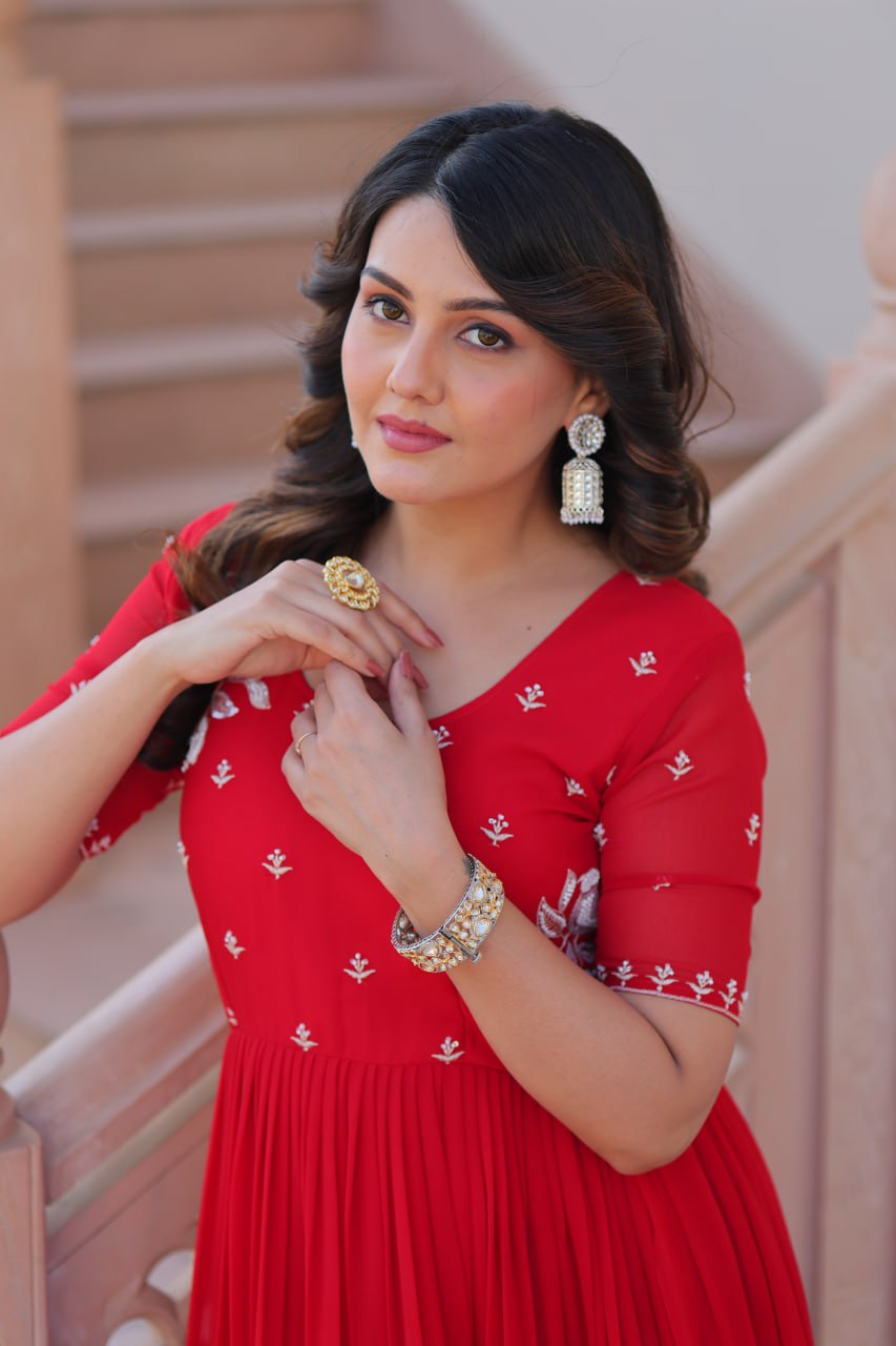 Red Radiant Faux Blooming Gown with Bead Embroidery & 12-Meter Flair – Full Stitched ClothsVilla