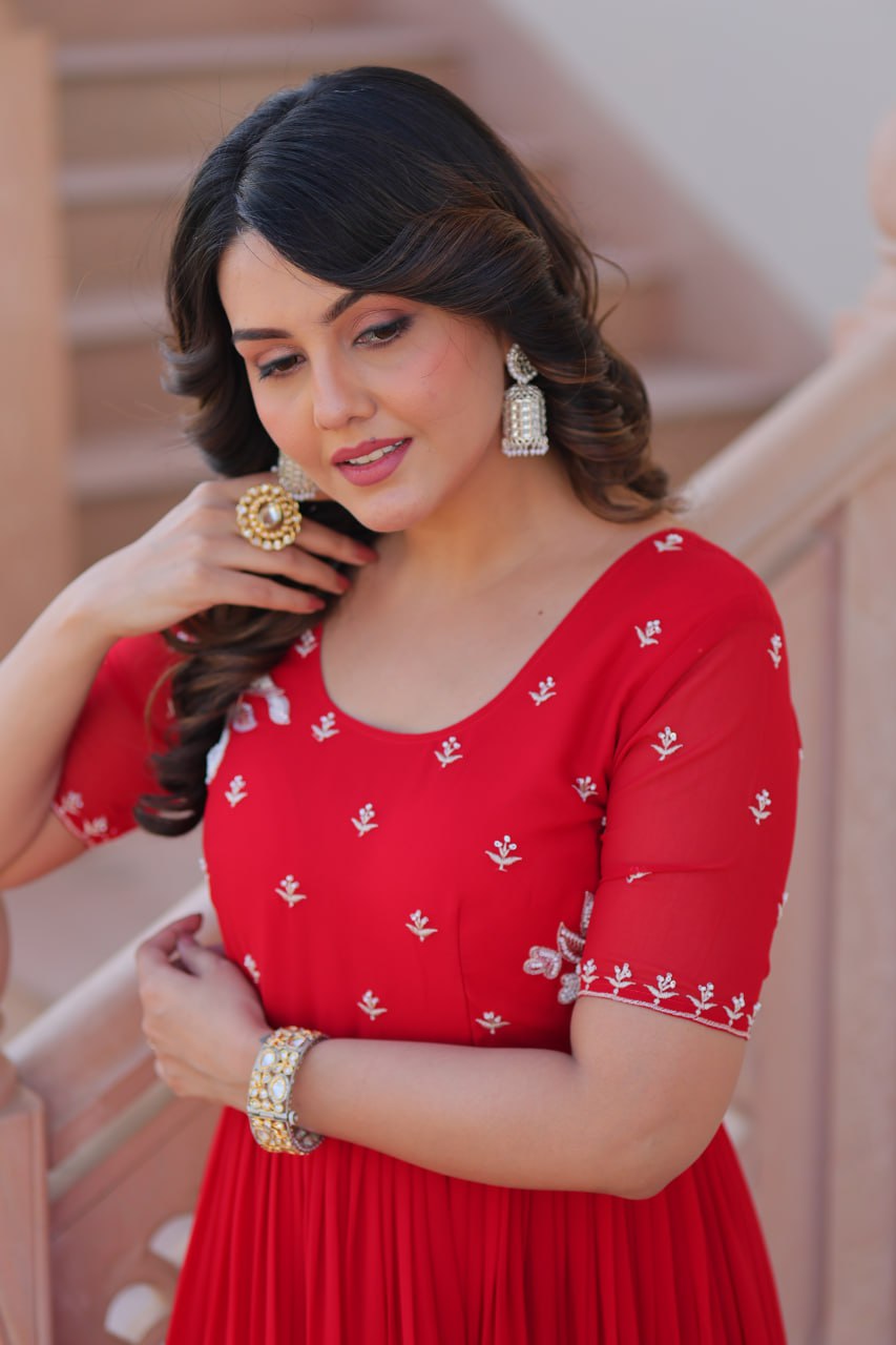 Red Radiant Faux Blooming Gown with Bead Embroidery & 12-Meter Flair – Full Stitched ClothsVilla