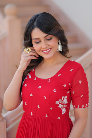Red Radiant Faux Blooming Gown with Bead Embroidery & 12-Meter Flair – Full Stitched ClothsVilla