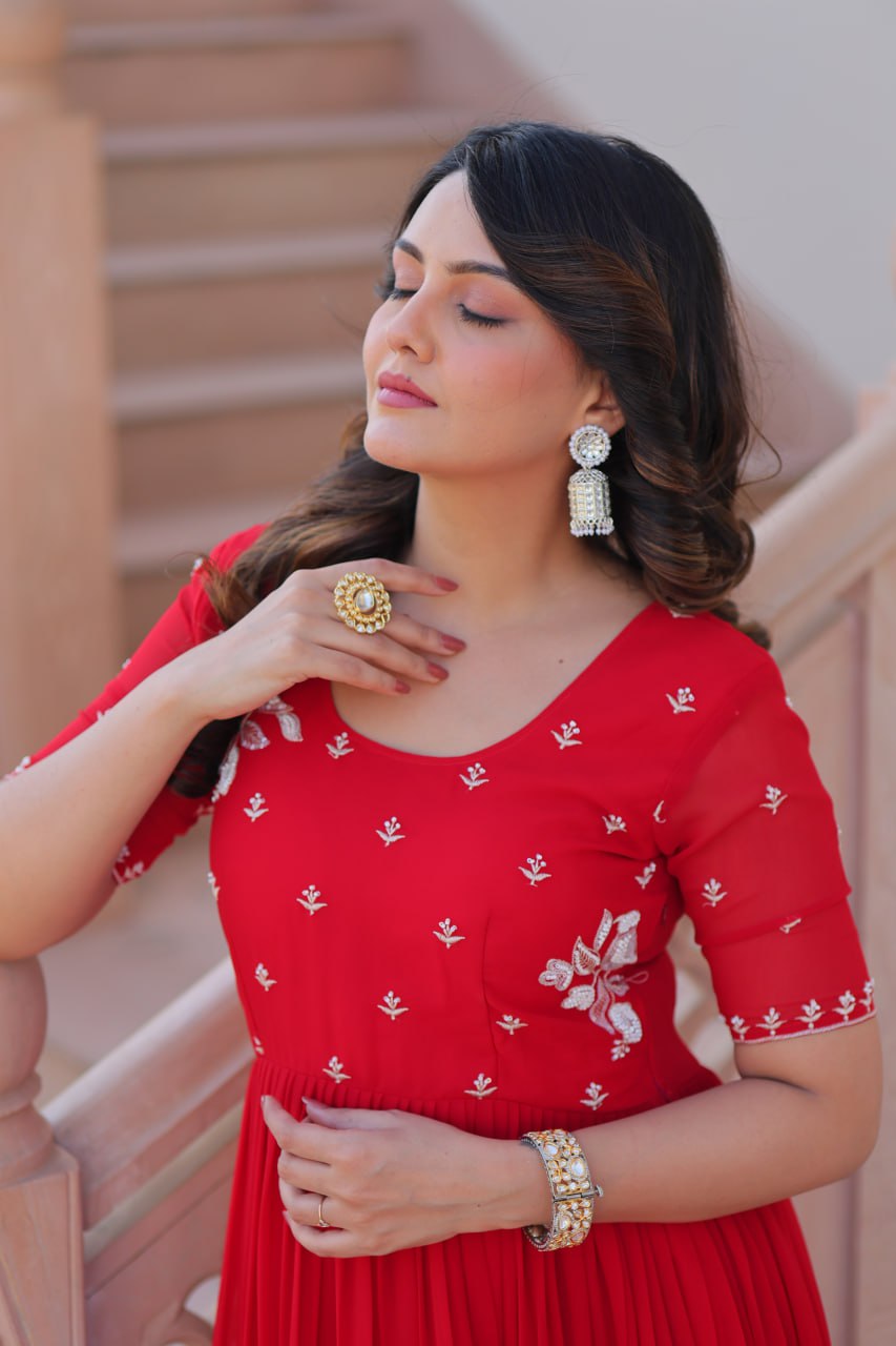 Red Radiant Faux Blooming Gown with Bead Embroidery & 12-Meter Flair – Full Stitched ClothsVilla