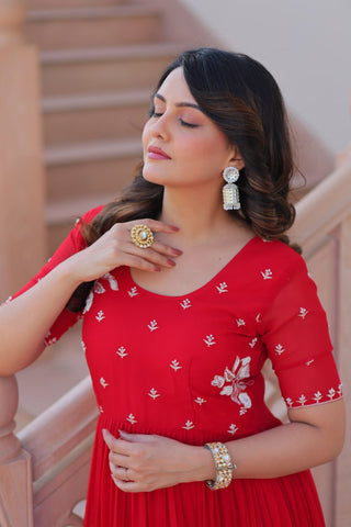 Red Radiant Faux Blooming Gown with Bead Embroidery & 12-Meter Flair – Full Stitched ClothsVilla
