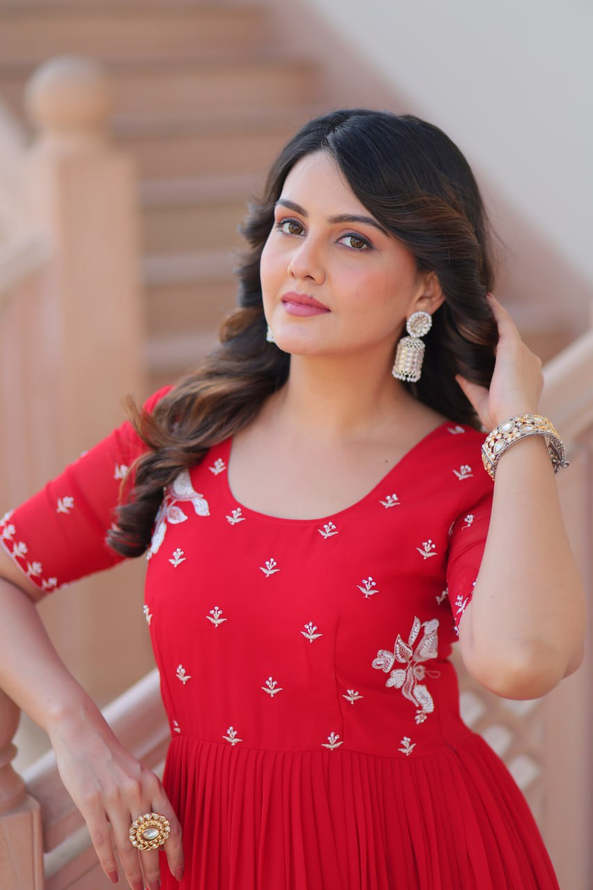 Red Radiant Faux Blooming Gown with Bead Embroidery & 12-Meter Flair – Full Stitched ClothsVilla