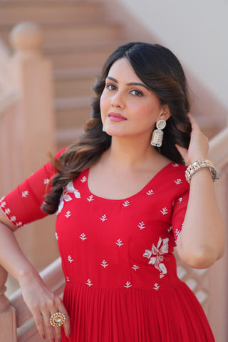Red Radiant Faux Blooming Gown with Bead Embroidery & 12-Meter Flair – Full Stitched ClothsVilla