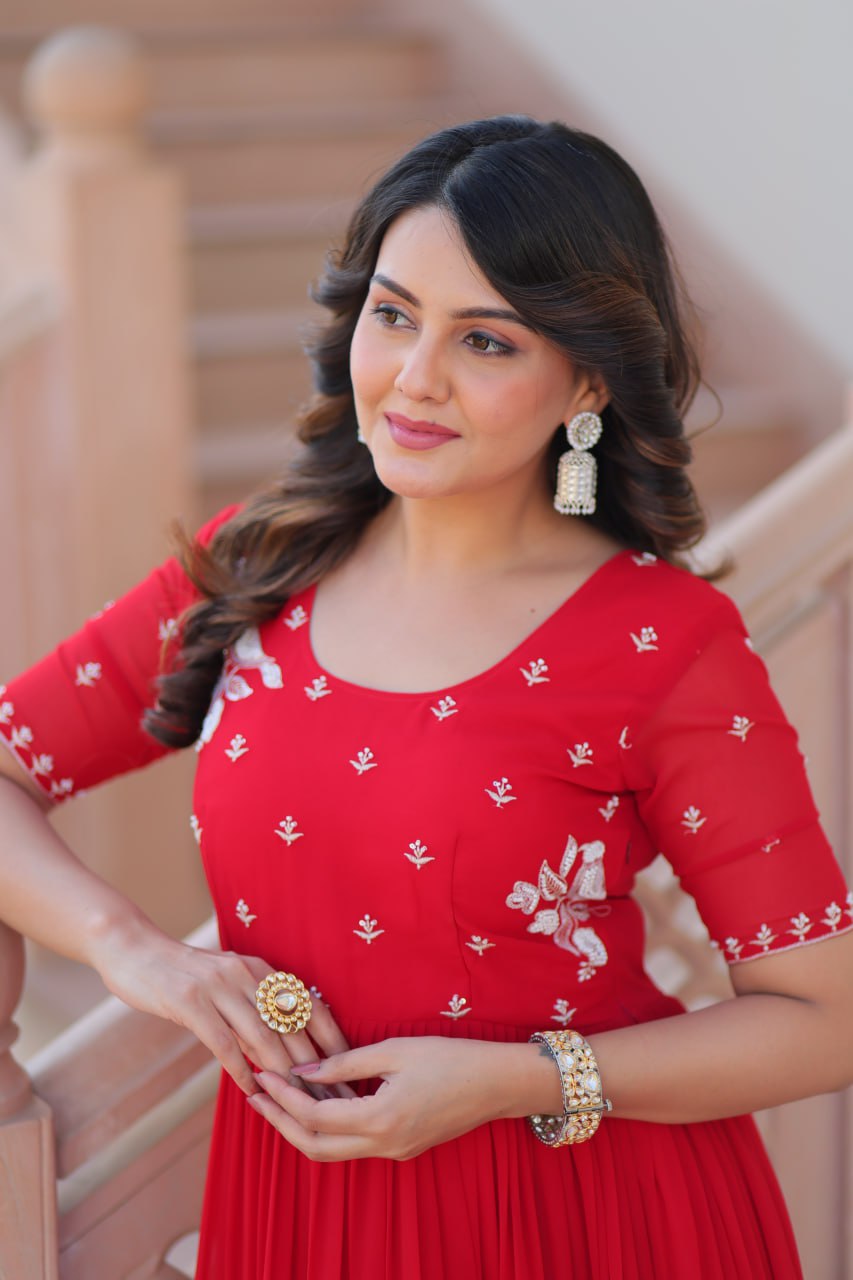 Red Radiant Faux Blooming Gown with Bead Embroidery & 12-Meter Flair – Full Stitched ClothsVilla
