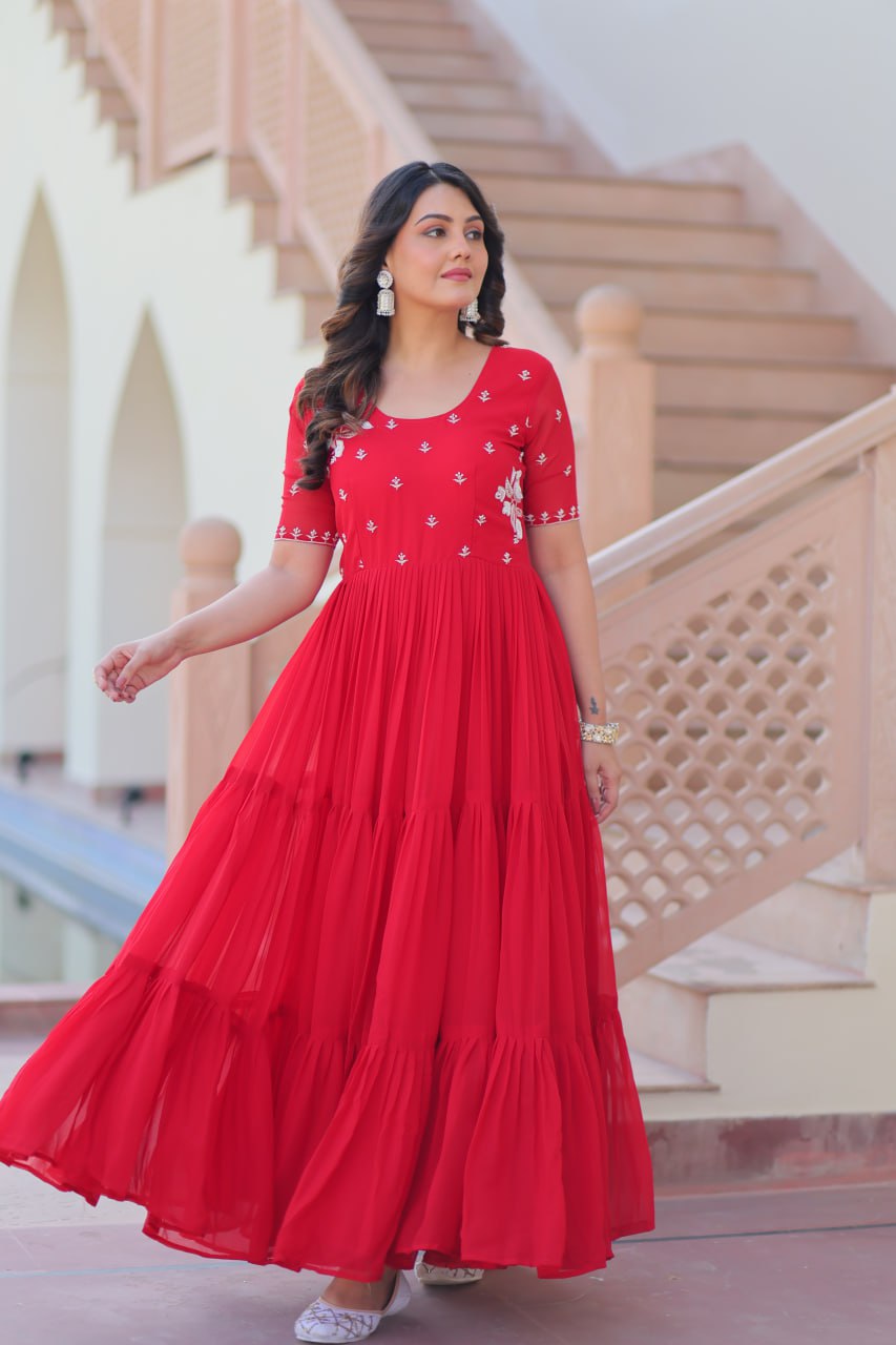 Red Radiant Faux Blooming Gown with Bead Embroidery & 12-Meter Flair – Full Stitched ClothsVilla
