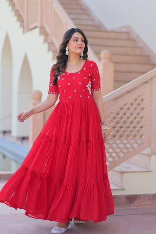 Red Radiant Faux Blooming Gown with Bead Embroidery & 12-Meter Flair – Full Stitched ClothsVilla