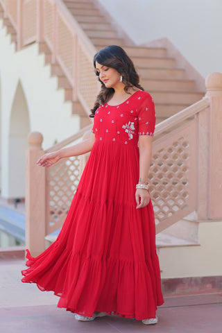 Red Radiant Faux Blooming Gown with Bead Embroidery & 12-Meter Flair – Full Stitched ClothsVilla