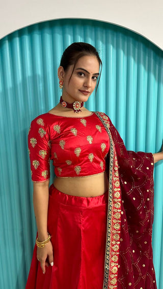 Red Radiant Festive Glam – Satin Georgette Zari & Sequin Lehenga Set ClothsVilla