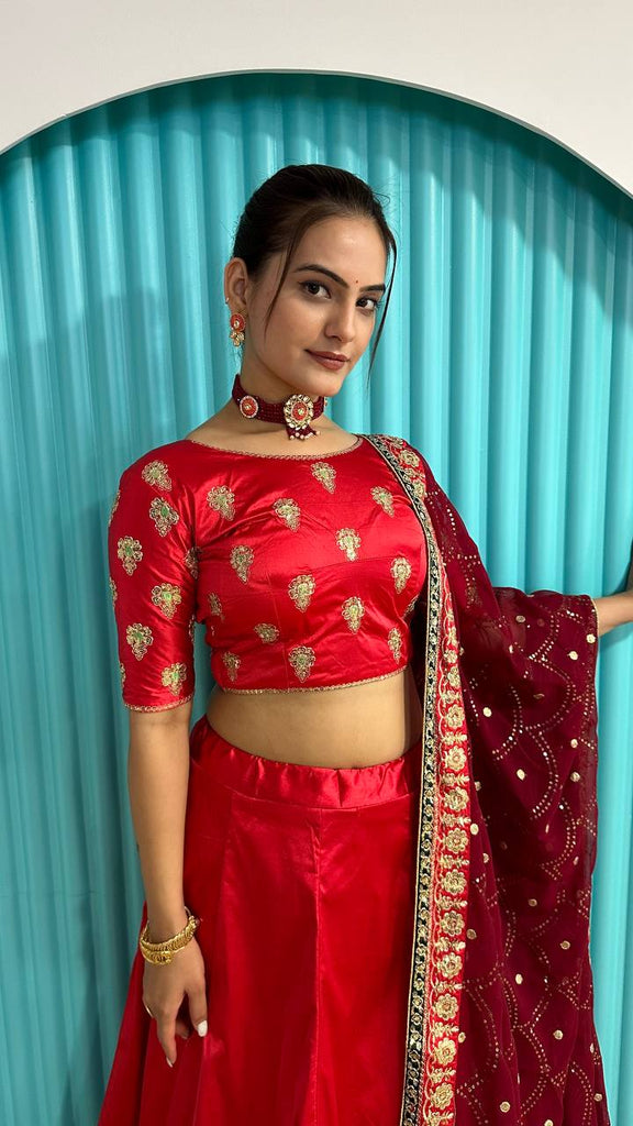 Red Radiant Festive Glam – Satin Georgette Zari & Sequin Lehenga Set ClothsVilla