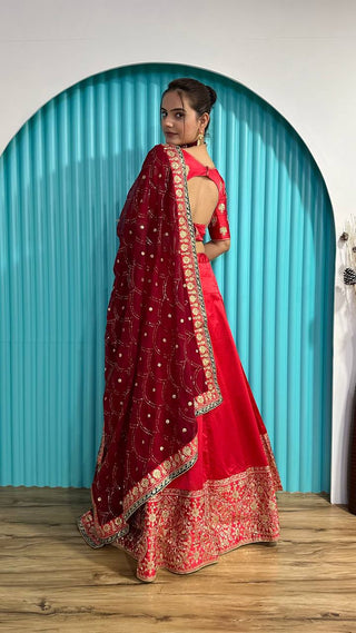 Red Radiant Festive Glam – Satin Georgette Zari & Sequin Lehenga Set ClothsVilla