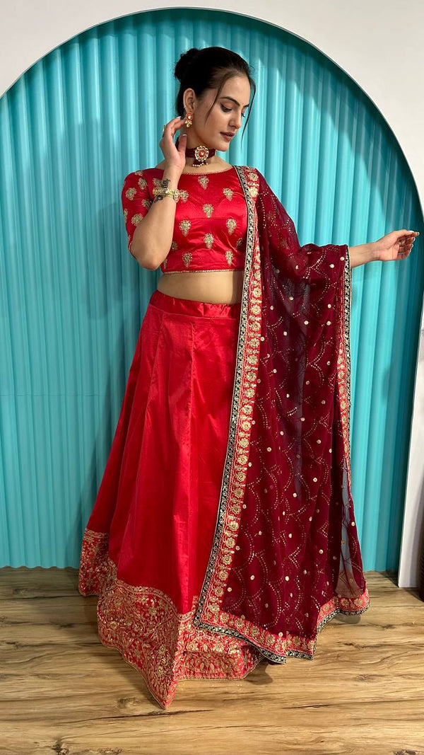 Red Radiant Festive Glam – Satin Georgette Zari & Sequin Lehenga Set ClothsVilla