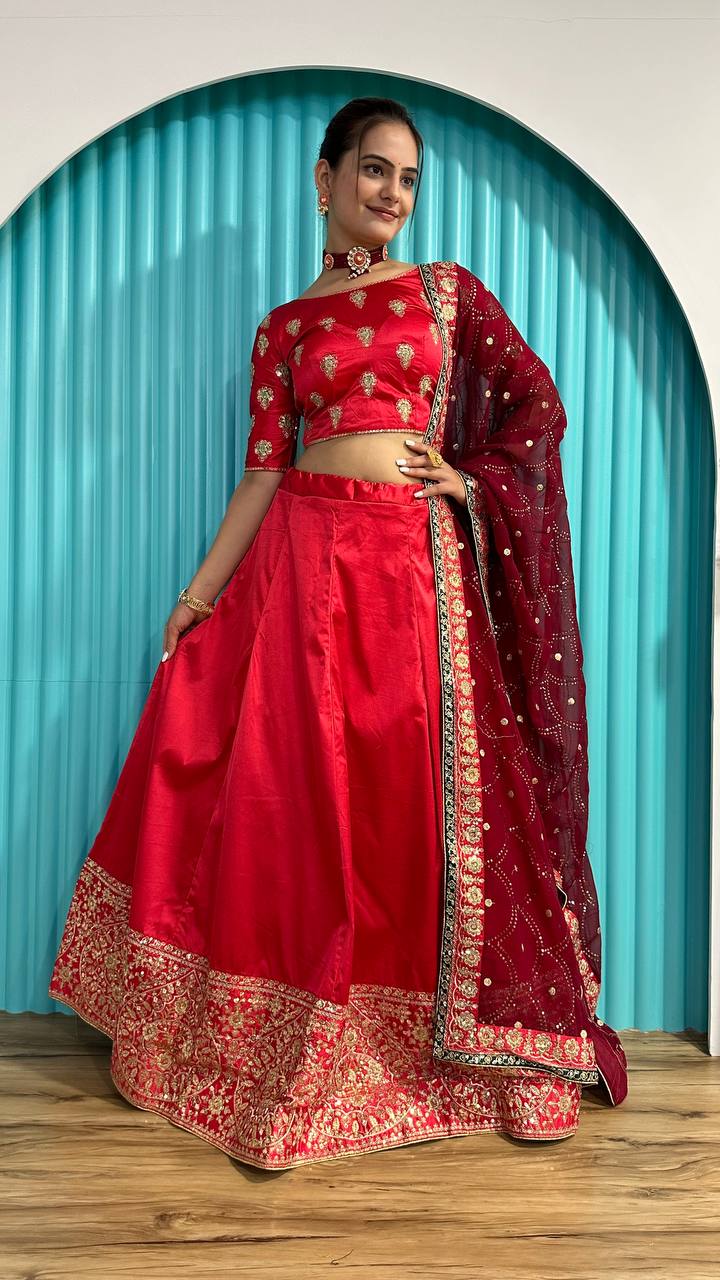 Red Radiant Festive Glam – Satin Georgette Zari & Sequin Lehenga Set ClothsVilla