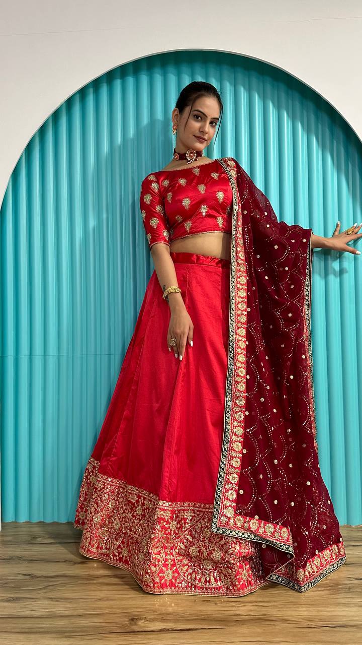 Red Radiant Festive Glam – Satin Georgette Zari & Sequin Lehenga Set ClothsVilla Main image