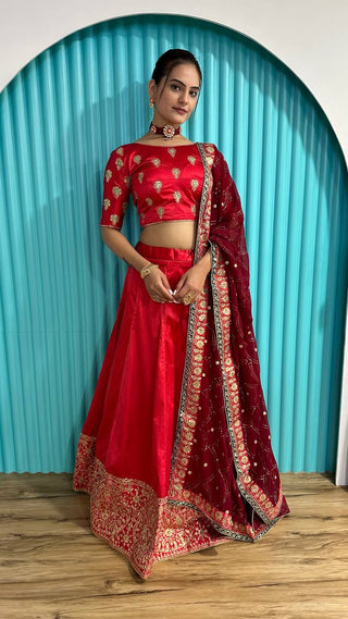 Red Radiant Festive Glam – Satin Georgette Zari & Sequin Lehenga Set ClothsVilla