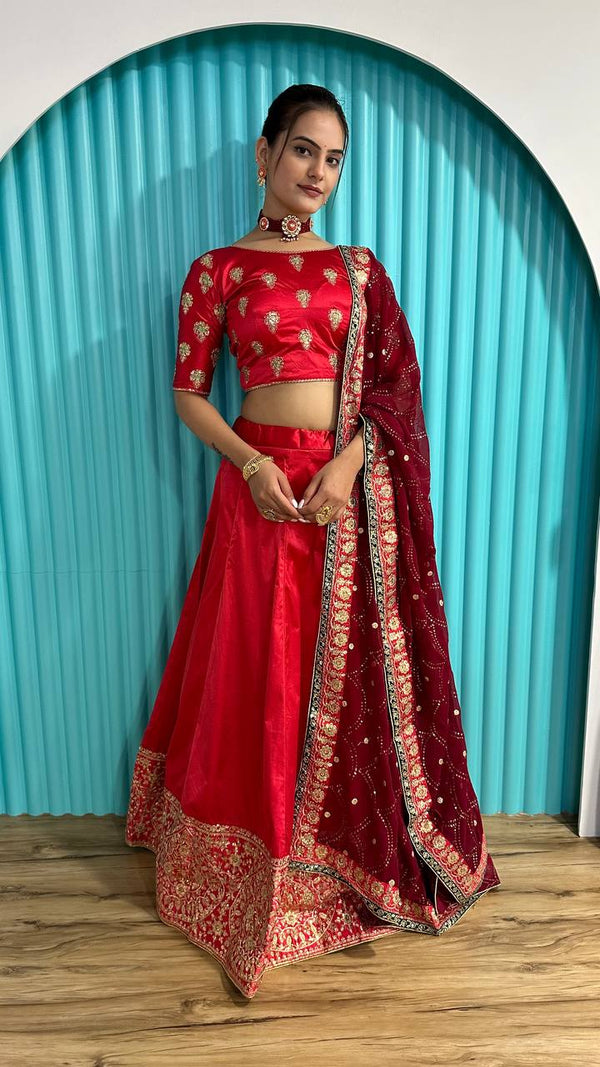 Red Radiant Festive Glam – Satin Georgette Zari & Sequin Lehenga Set ClothsVilla