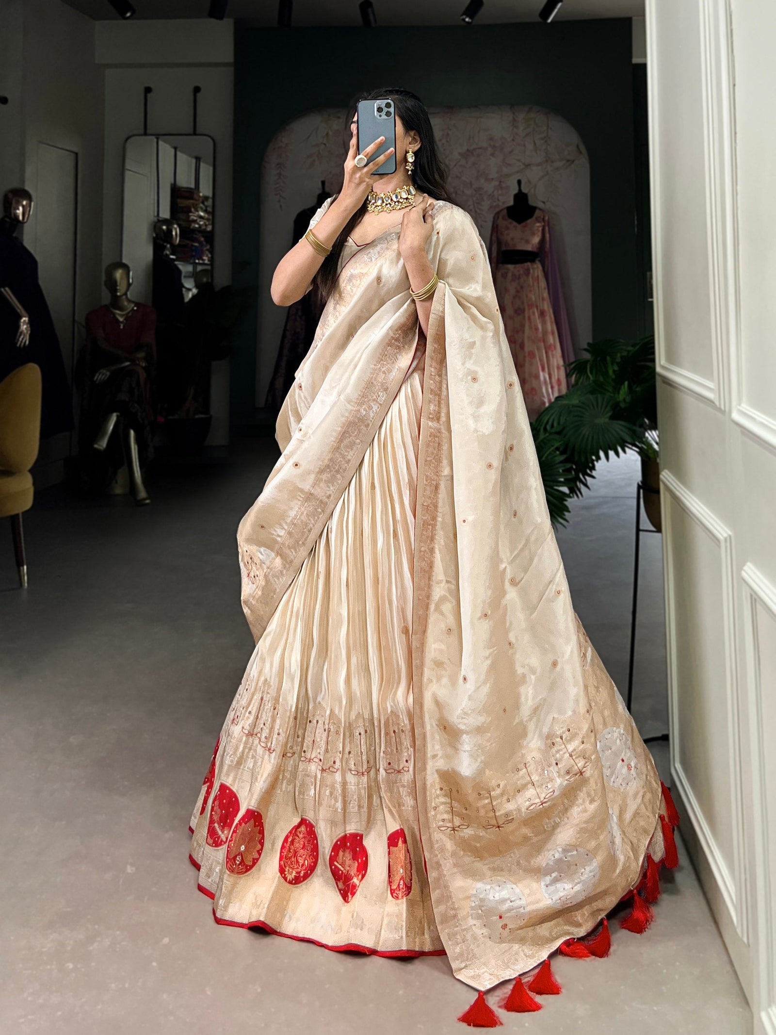 Red Radiant Shimmer Mirror & Beads Handwork Lehenga Set ClothsVilla