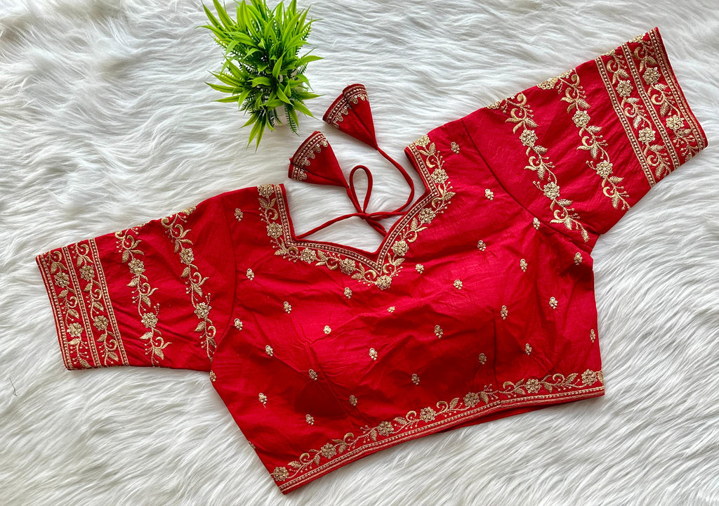 Red Rajbhog Silk Embroidered Blouse with Handcrafted Detailing ClothsVilla