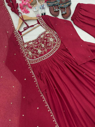 Red Rangoli Crush Embroidered Gown ClothsVilla