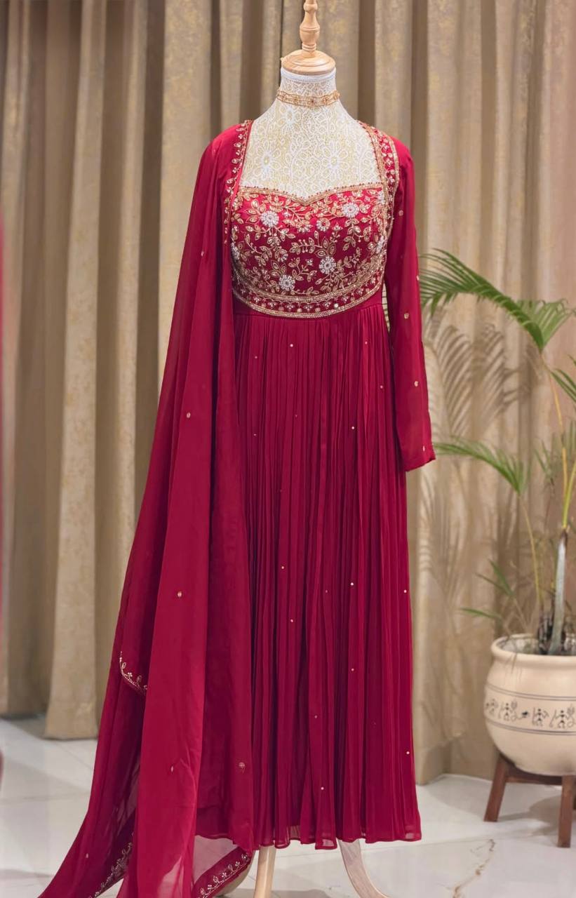 Red Rangoli Crush Embroidered Gown ClothsVilla