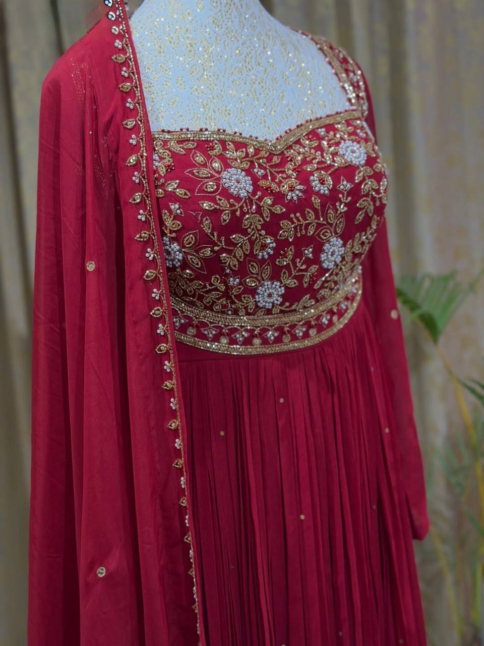 Red Rangoli Crush Embroidered Gown ClothsVilla