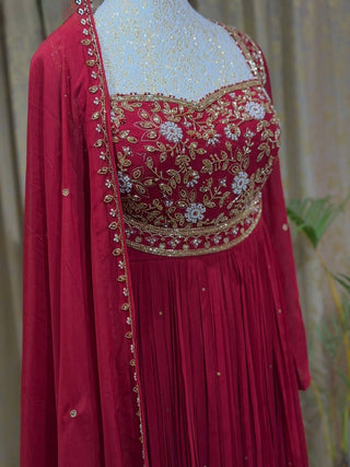 Red Rangoli Crush Embroidered Gown ClothsVilla
