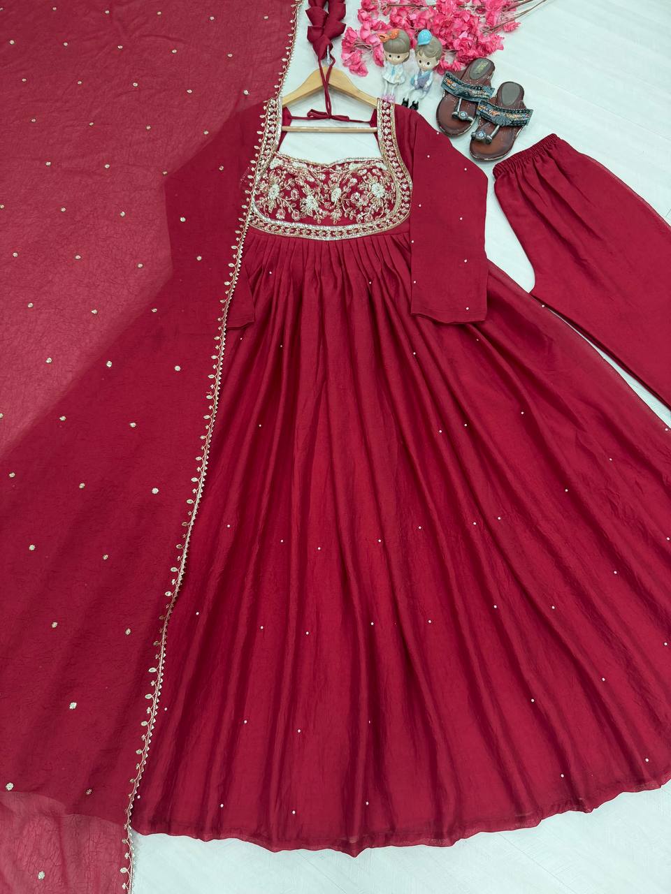 Red Rangoli Crush Embroidered Gown ClothsVilla