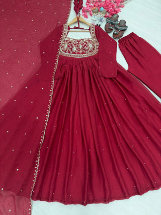 Red Rangoli Crush Embroidered Gown ClothsVilla