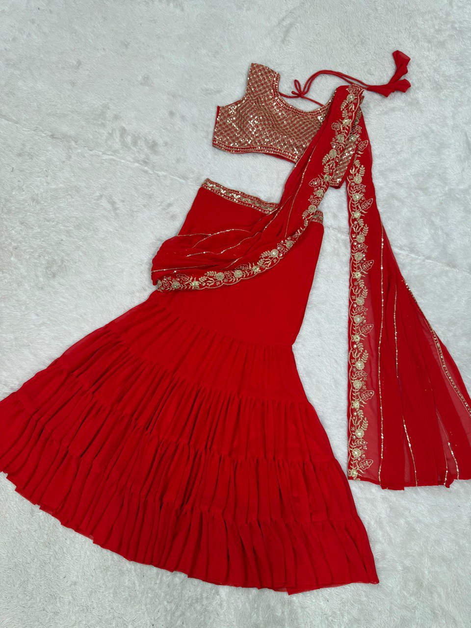 Red Ready-to-Wear Ruffle Style Georgette Lehenga Saree with Thread & Sequin Work ClothsVilla